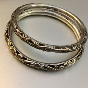 2 Antique Sterling Chinese carved bangle bracelet